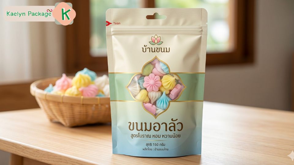 ซองฟอยล์ตั้งได้อัดไนโตรเจนสำหรับบรรจุขนมอาลัวเพื่อกันกระแทก