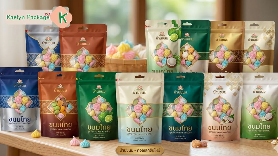 ซองฟอยล์บรรจุขนมอาลัวและขนมไทย คงรูปทรงสวย ไม่เละระหว่างขนส่ง จาก KAELYNPACKAGE